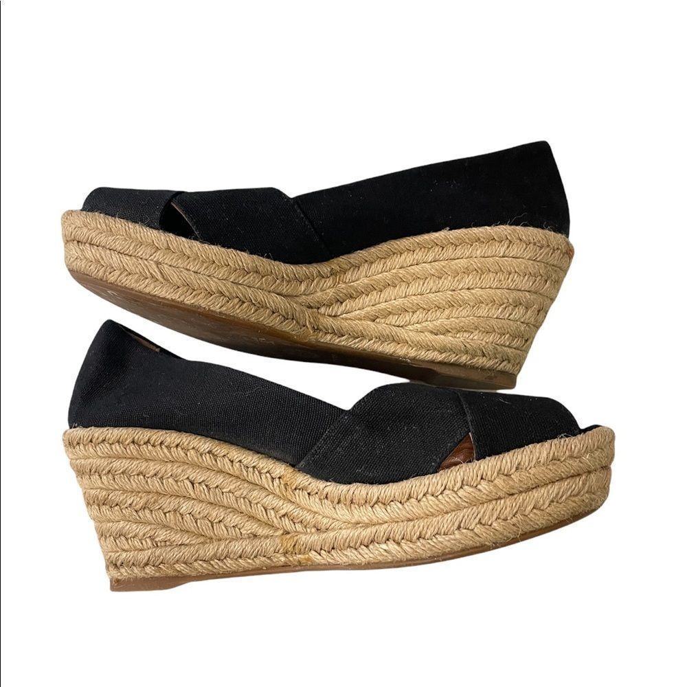 Tory Burch Black Canvas Jute Wedge Heel Shoes Espadrilles 9 B